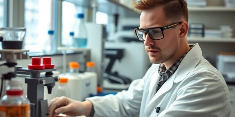 Técnico em química trabalhando em laboratório.