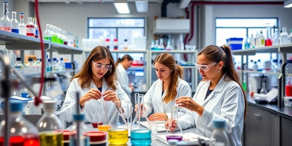 Estudantes em laboratório de química com equipamentos modernos.