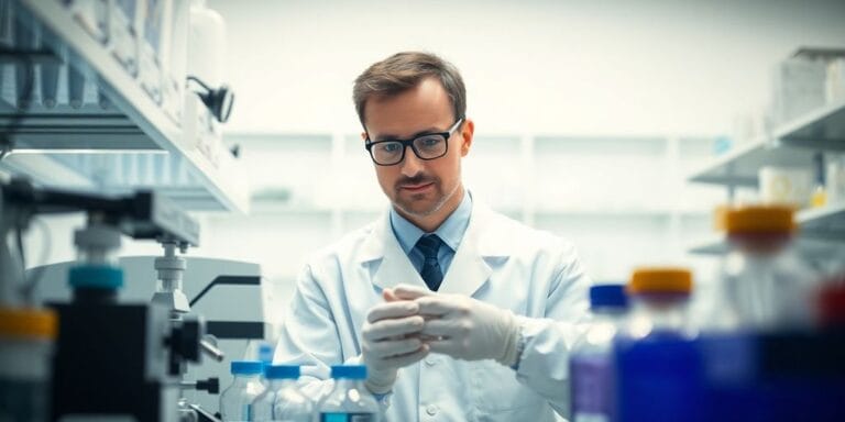 Técnico em química no laboratório com equipamentos modernos.