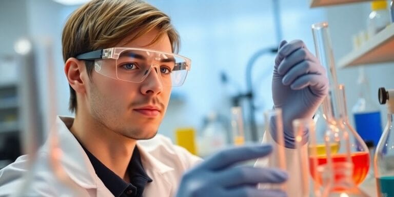 Técnico em química realizando experimento em laboratório.
